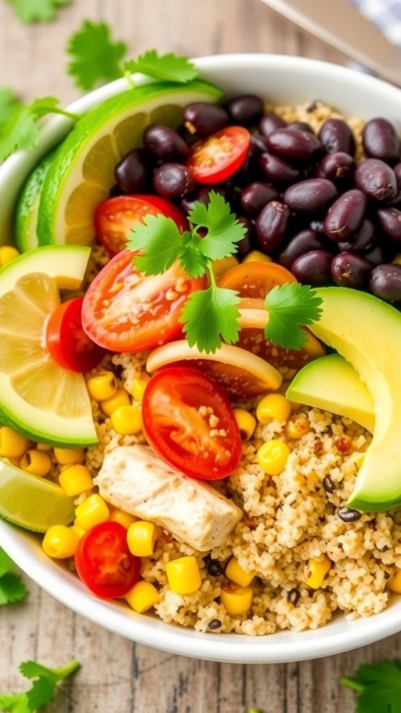 A colorful quinoa chicken burrito bowl with chicken, black beans, corn, tomatoes, and avocado, garnished with cilantro and lime.